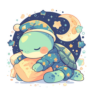 Cartoon Cute Turtle Sleeping with Hat and Nightgown Starry Night, for t-shirts, children's books, stickers, posters. Vector Illustration PNG Image
