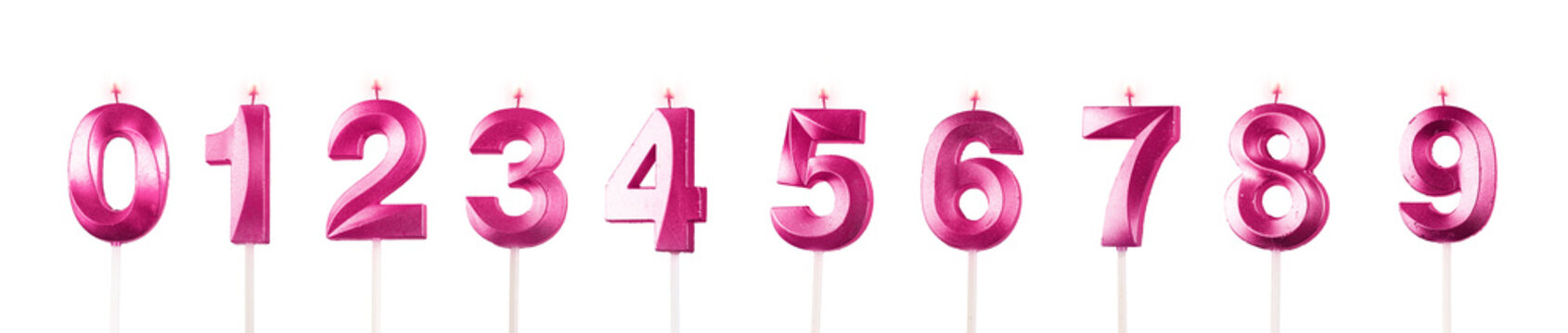 123 number shaped candles set. Candlelight for every year, birthday from 0 to 9 isolated on white