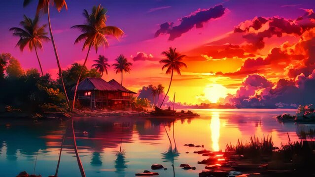 Tropical sunset beach abstract background. Summer vacation concept. Generative ai.	