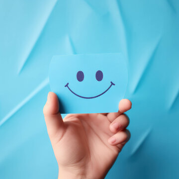 Blue paper cut smiley face held aloft, highlighting mental health assessment and well-being on World Mental Health Day. AI generative.