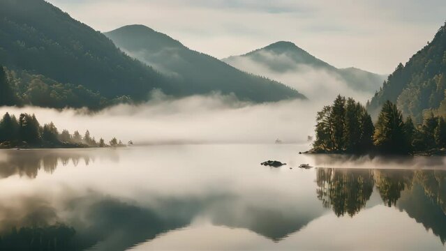 Moutain and lake with fog abstract background. Generative ai.