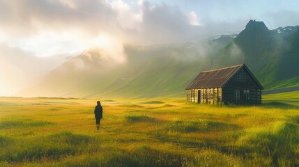 
Tourist on the green meadow with old wooden ranch. Majestic morning scene of Stokksnes headland, Iceland, Europe.