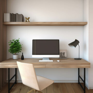Modern private office setup with a white-screen computer mockup on a wooden desk, viewed from the side. AI generative.