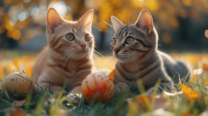 Two adorable Felidae kittens with whiskers playing outdoors with a ball