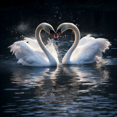 Swans gracefully form a heart shape in tranquil waters. Romantic and symbolic. AI generative.
