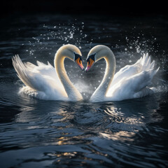 Swans gracefully form a heart shape in tranquil waters. Romantic and symbolic. AI generative. - obrazy, fototapety, plakaty