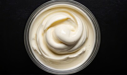 Mayonnaise in a glass bowl on a black background