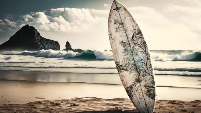 Beautiful surfboard on the beach background. Sport and nature concept. Generative AI