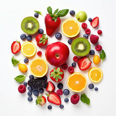 Colorful top view of fresh fruits, vegetables, and berries on a white background. AI generative.