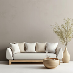 Elegant interior design with a sofa and trendy vase. Minimalistic concept. AI generative.