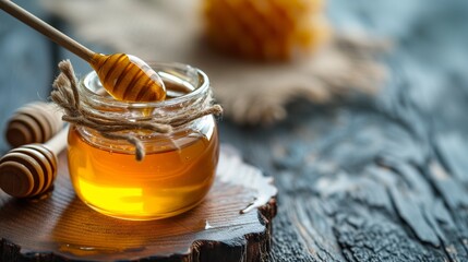 An open jar of honey on a wooden table, a wooden spoon for honey. Horizontal photo with honey, copy space.