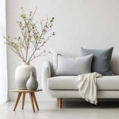 Minimalistic interior design featuring a sofa and trendy vase. Home staging concept. AI generative.