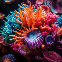 Naklejka na ściany i meble Colorful coral reef underwater in the ocean. Marine biodiversity. AI generative.