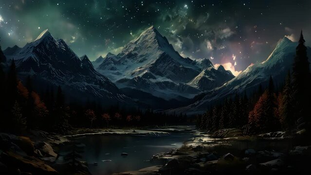 Landscape of mountain and lake on night sky abstract background. Generative ai.	
