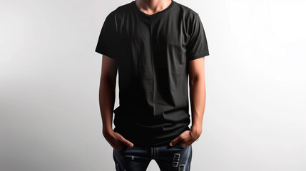 Minimalist Black T-Shirt Mockup: Young Athletic Man in Black T-Shirt in Studio against White Wall, Sunlight and Shadows