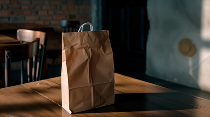 Premium Kraft Paper Crab Bag Mockup on Wooden Table against Black Wall, Minimalist Design