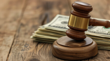 wooden gavel on the wooden table with money - obrazy, fototapety, plakaty
