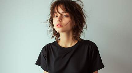 Minimalist Black T-Shirt Mockup: Young Fair-Skinned Woman Posing in Black T-Shirt in Studio against White Wall, Fashion and Style