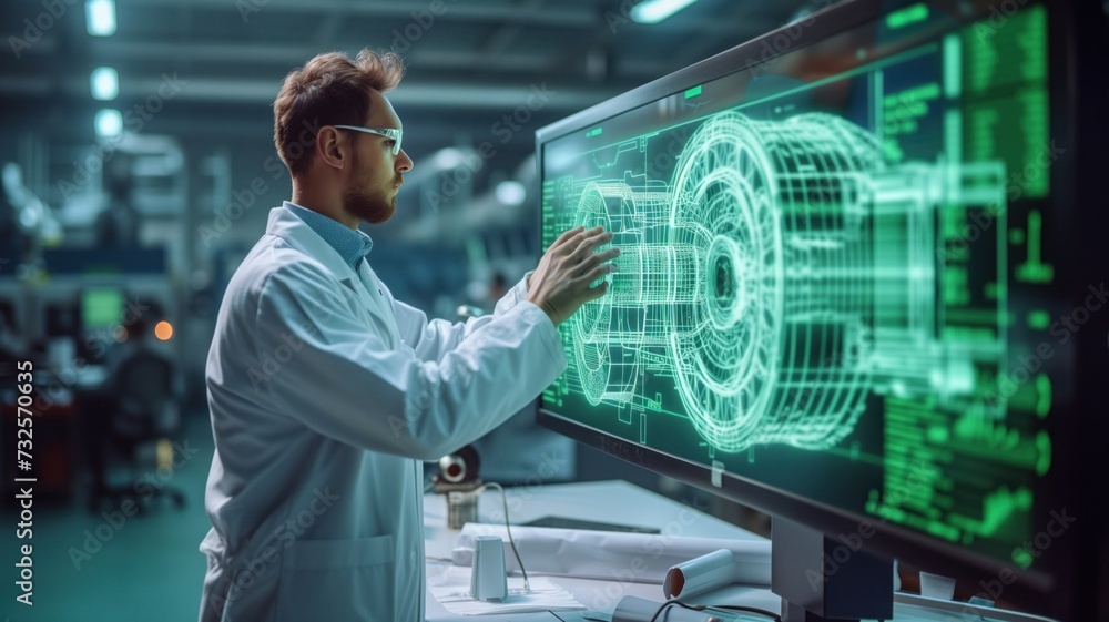 Poster professional interacts with a large digital display with engineering diagrams, high-tech design, eng