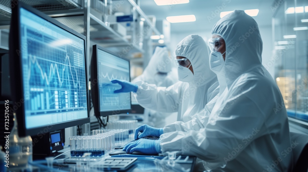 Poster two scientists in protective suits analyze data on computer screens in a high-tech laboratory. scien