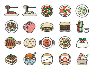 イタリアン料理のアイコン（線画カラー）のイラストセット