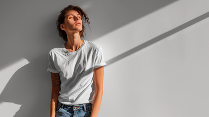 Classic White T-Shirt Mockup: Young Fair-Skinned Woman with Dark Hair Posing in White Studio with Sunlight and Shadows