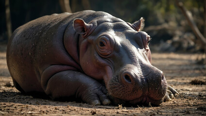 A close-up of a hippopotamus lying on the ground with its front legs out, gazing at the camera.