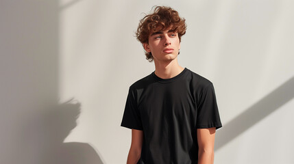 Minimalist Black T-Shirt Mockup: Young Athletic Man in Black T-Shirt in Studio against White Wall, Sunlight and Shadows