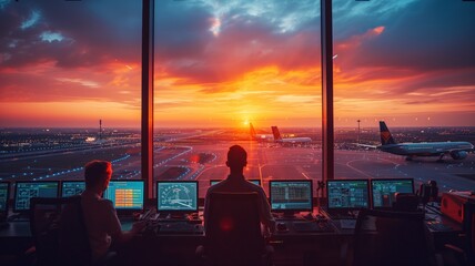 air traffic controllers at work in a control tower with a panoramic view of the airport runways. - obrazy, fototapety, plakaty