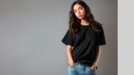 Minimalist Black T-Shirt Mockup: Young Fair-Skinned Woman Posing in Black T-Shirt in Studio against White Wall, Fashion and Style