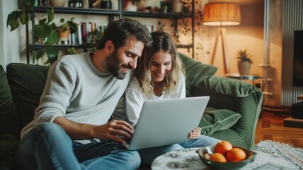 married couple comfortably seated on a sofa in a cozy home environment behind a laptop.