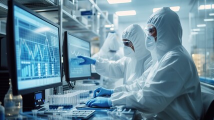 Two scientists in protective suits analyze data on computer screens in a high-tech laboratory. scientific research