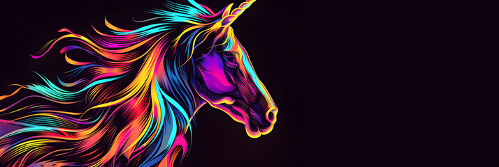 Whimsical neon unicorn silhouette with vibrant colors isolated on black background. Created with generative AI.