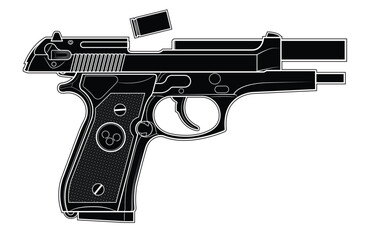 Vector illustration of the Beretta M92 automatic pistol with the breech in the rear position and the cartridge case falling out on the white background. Black. Right side.