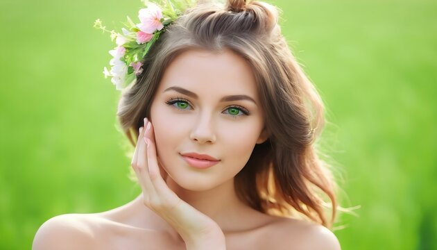 Easter Woman. Spring Girl with Fashion Hairstyle. Portrait, hand touching beautiful face on blurred green field backgrounds with copy space created with generative ai