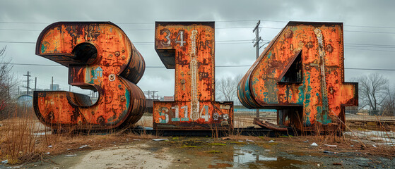 A photorealistic snapshot of a giant monument, constructed from rusted metal, located on an abandoned industrial site 