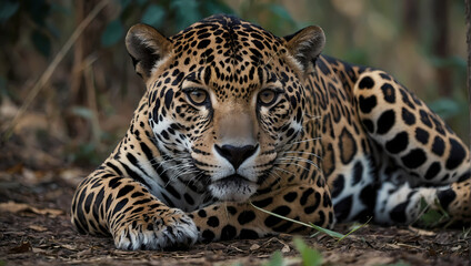 A close-up of a jaguar lying on the ground, front legs gracefully positioned, and attentively observing the camera.