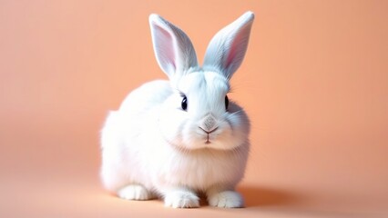 A white rabbit on a peach fuzz background , the concept of an Easter holiday