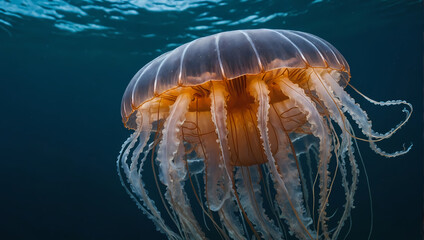 A close-up of a jellyfish floating in the water with its tentacles reaching towards the front, ethereally looking at the camera.