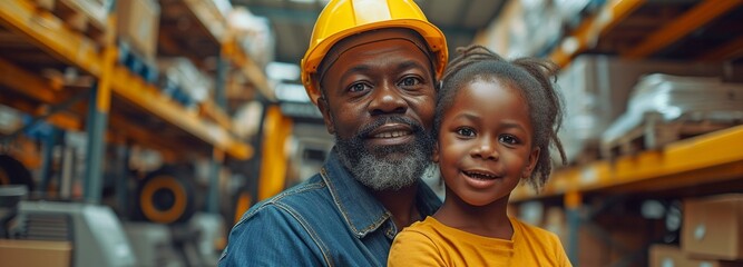 An African adult male father, donning a hard safety cap, is happy to be teaching his kid how to operate a tractor in the warehouse of his own company.