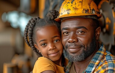 An African adult male father, donning a hard safety cap, is happy to be teaching his kid how to...