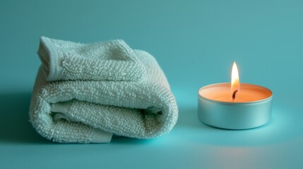 Fototapeta na wymiar green towel and candle on background spa concept 