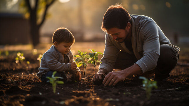 Parent And Child Planting Flowers