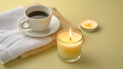 Candles, Coffee Cup and Towels on beige background, spa therapy concept