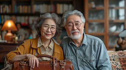 Sitting on the bed, preparing bags, and making plans to travel after retirement is a charming elderly Asian couple.