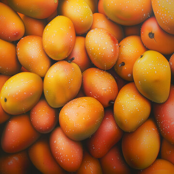 Tas de mangues, sur un &eacute;tal de march&eacute;. R&eacute;colte de mangues fra&icirc;ches, oranges et bien m&ucirc;res pour faire le plein de vitamines en hiver
