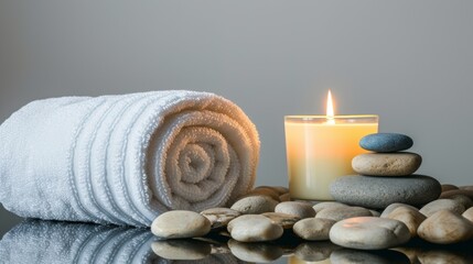 Obraz na płótnie Canvas Zen stones, candle and towel, spa therapy concept 
