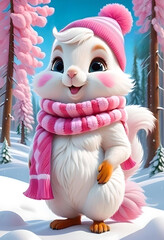 Funny white cartoon squirrel with pink scarf and hat in a winter forest. generative ai