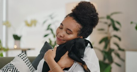 Woman, hug puppy and pet love at home, happiness and peace with animal care, affection and bonding, Dog, adoption or foster with embrace for loyalty and friendship, comfort and relax in living room