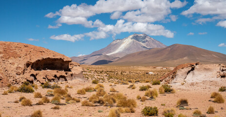 Trekking towards the Ollagüe or Ullawi volcano on the Bolivia and Chile border. The summit...